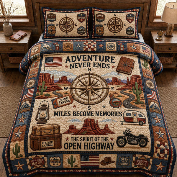 Americana Highway quilted 3-piece bedding set on a made bed in a warmly lit bedroom