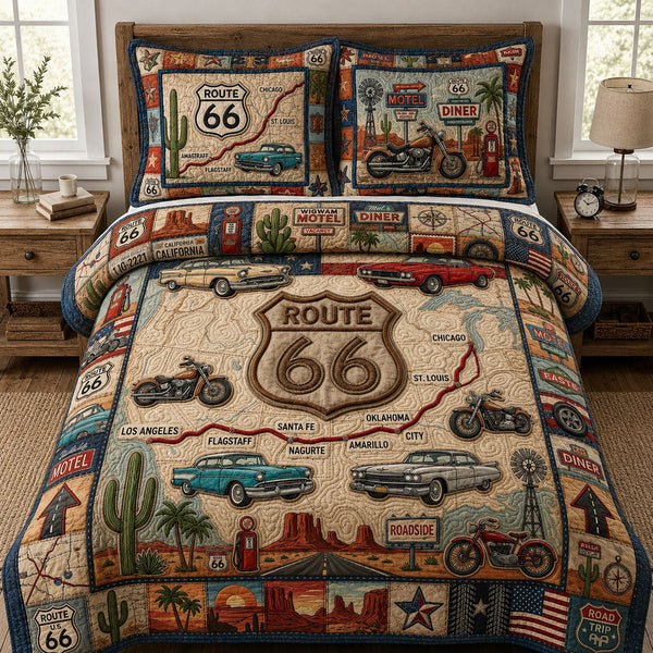 American Road Trip Map quilted 3-piece bedding set on a made bed in a warmly lit bedroom