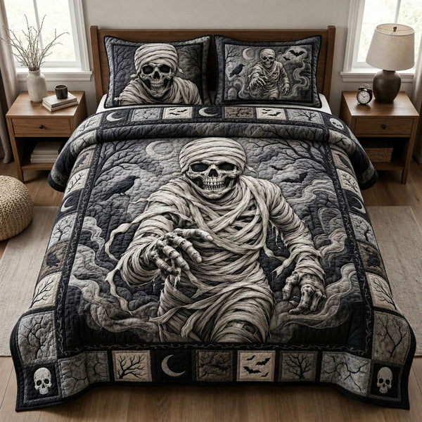 Ancient Undead Horror quilted 3-piece bedding set on a made bed with two matching pillow shams
