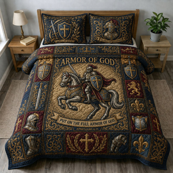 Armor Of God quilted 3-piece bedding set on a made bed in a softly lit bedroom