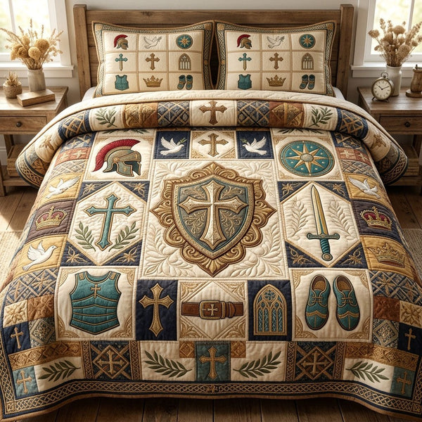 Armor Of God quilted 3-piece bedding set on a made bed in a softly lit bedroom