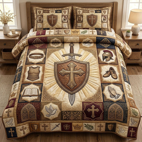 Be Strong In The Lord quilted 3-piece bedding set on a made bed in a softly lit bedroom