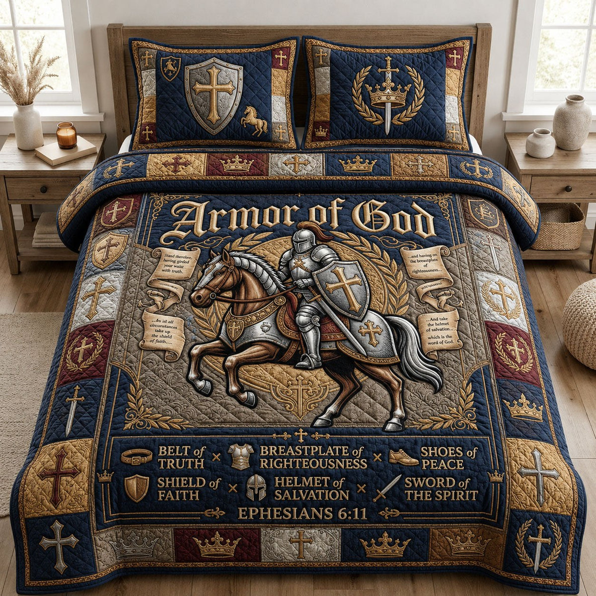 Armor Of God 3-Piece Quilted Bedding Set - Design 62 — quilt and two matching pillow shams