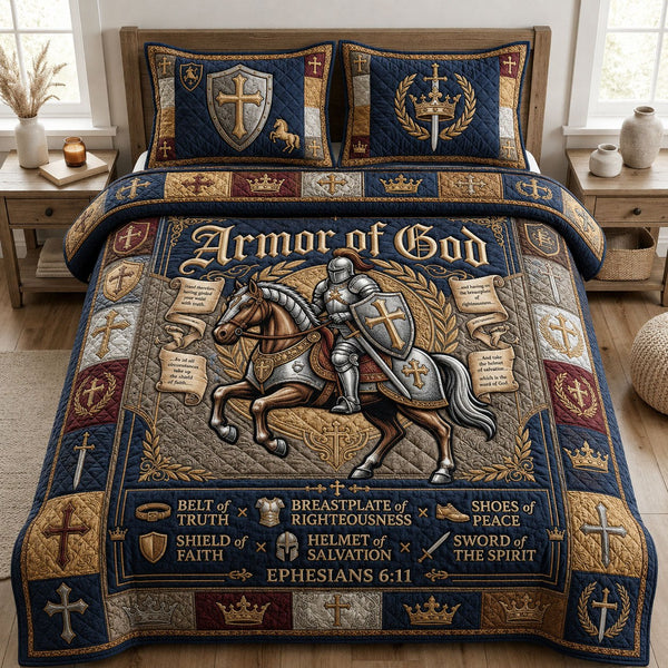 Armor Of God quilted 3-piece bedding set on a made bed in a softly lit bedroom