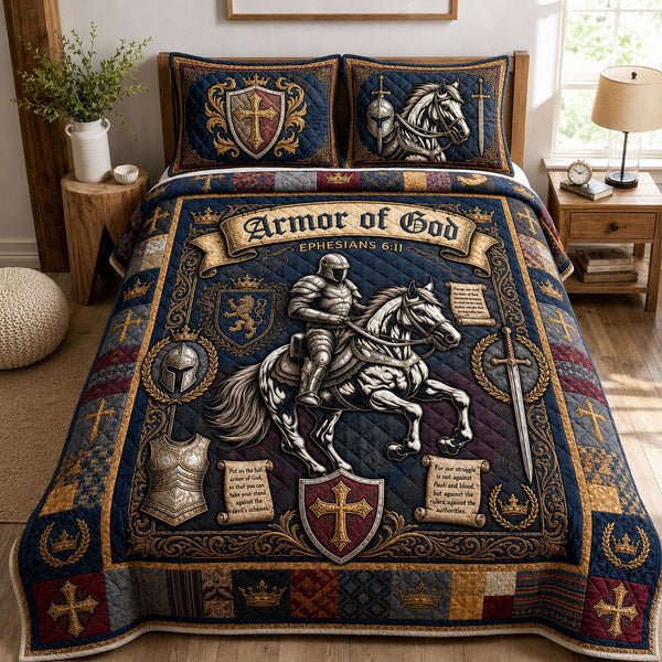 Armor Of God quilted 3-piece bedding set on a made bed in a softly lit bedroom