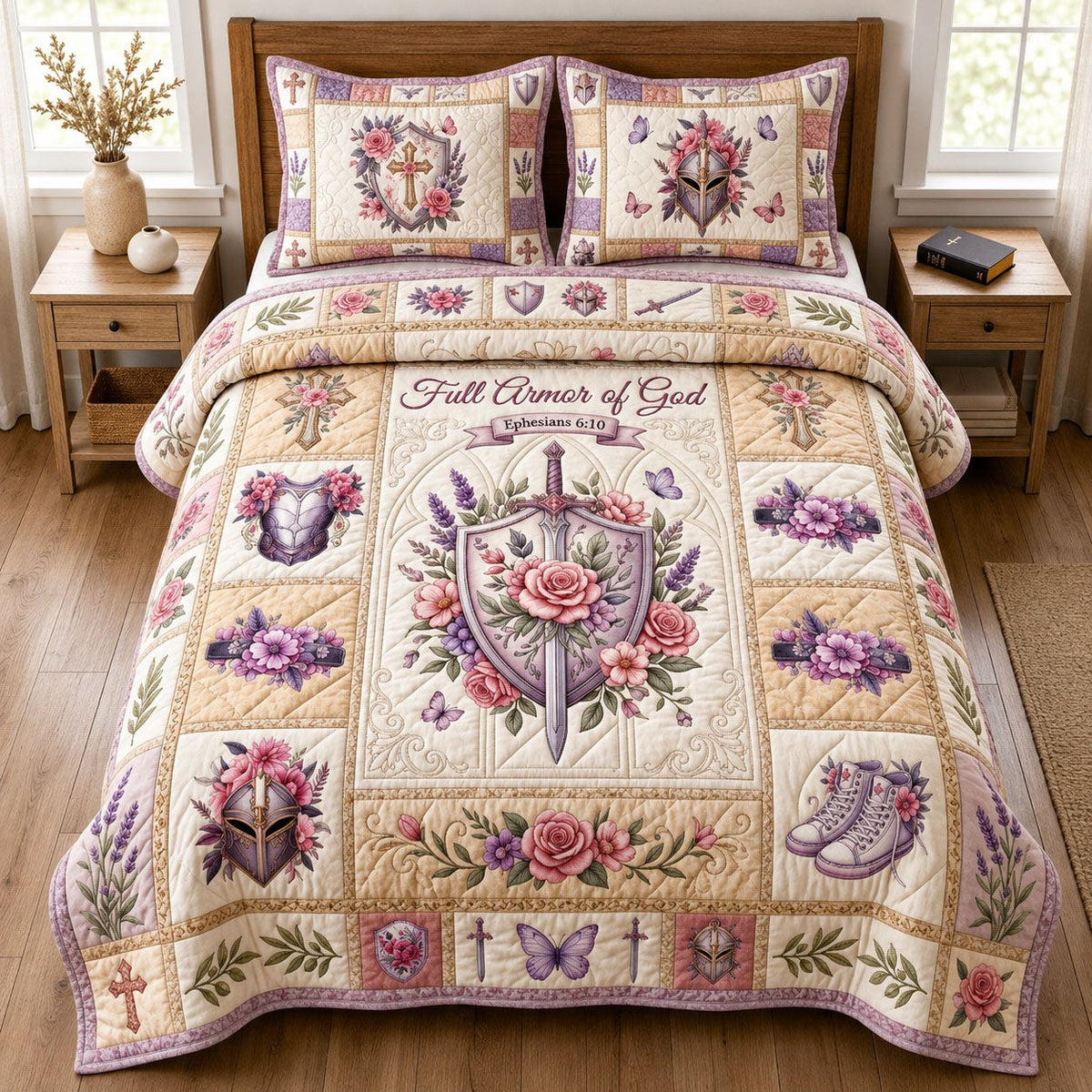 Floral Armor Of God 3-Piece Quilted Bedding Set — quilt and two matching pillow shams
