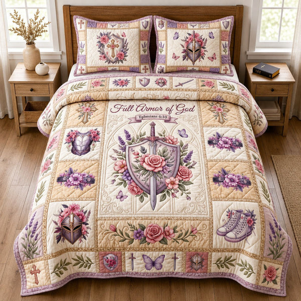 Floral Armor Of God quilted 3-piece bedding set on a made bed in a softly lit bedroom