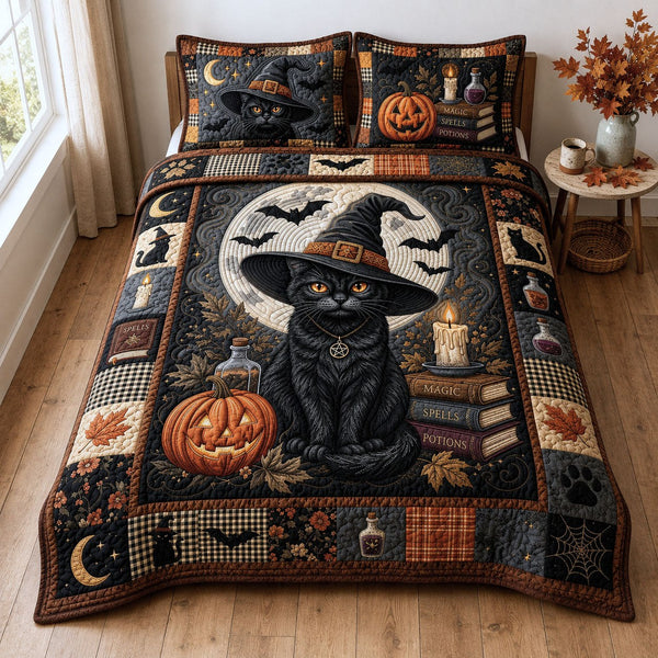 Black Cat Witch quilted 3-piece bedding set on a made bed against a dark styled interior