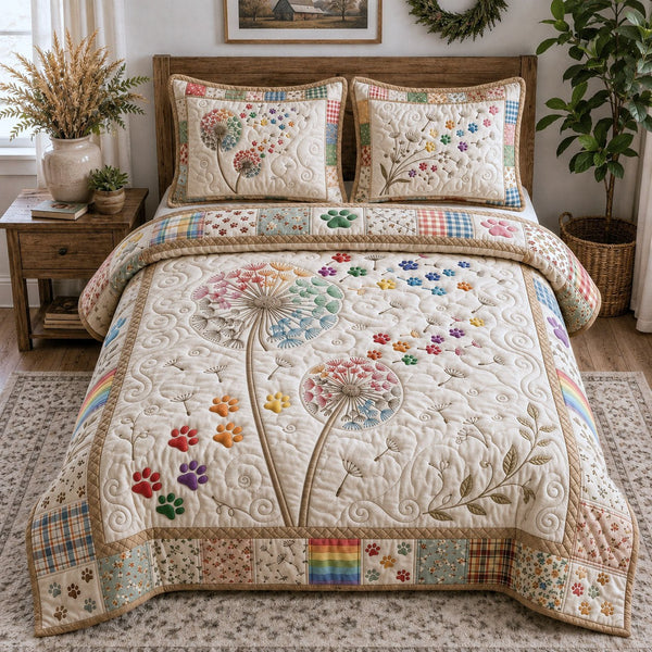 Dandelion Paw quilted 3-piece bedding set on a made bed with two matching pillow shams