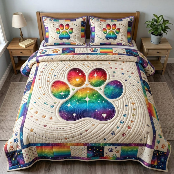 Colorful Paw quilted 3-piece bedding set on a made bed with two matching pillow shams