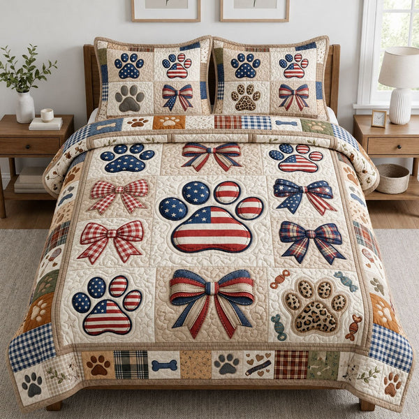 America Paw Bow quilted 3-piece bedding set on a made bed in a warmly lit bedroom
