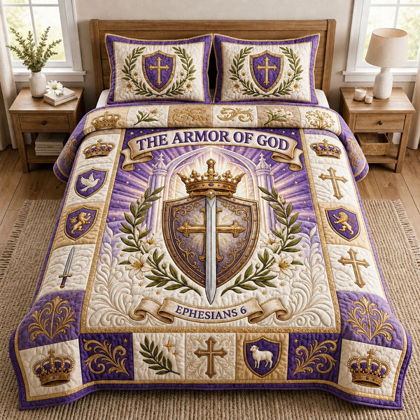 Armor Of God quilted 3-piece bedding set on a made bed in a softly lit bedroom
