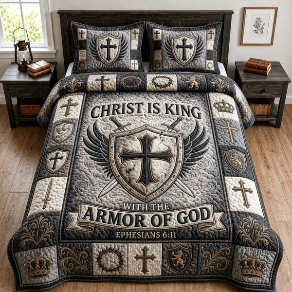 Christ Is King quilted 3-piece bedding set on a made bed in a softly lit bedroom