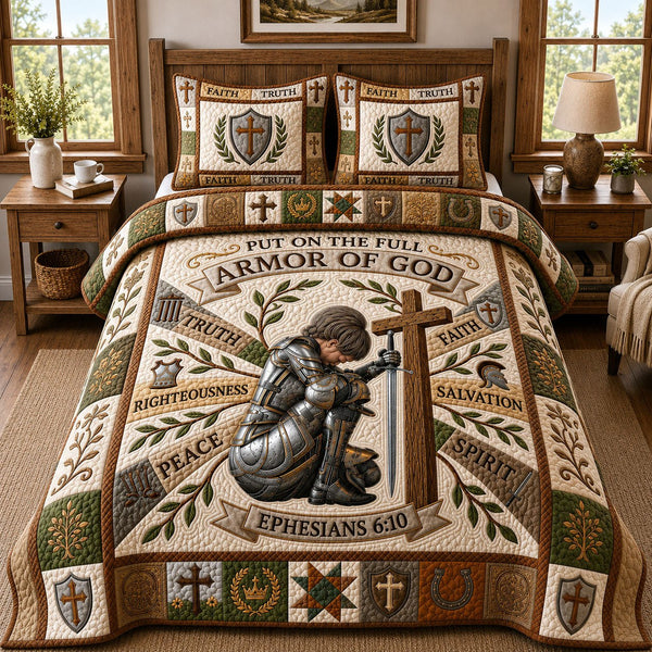 Chritian Faith quilted 3-piece bedding set on a made bed in a softly lit bedroom