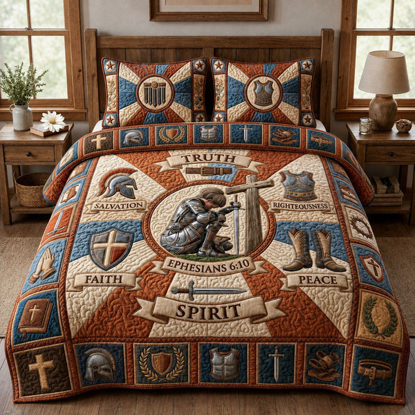 Armor Of God quilted 3-piece bedding set on a made bed in a softly lit bedroom