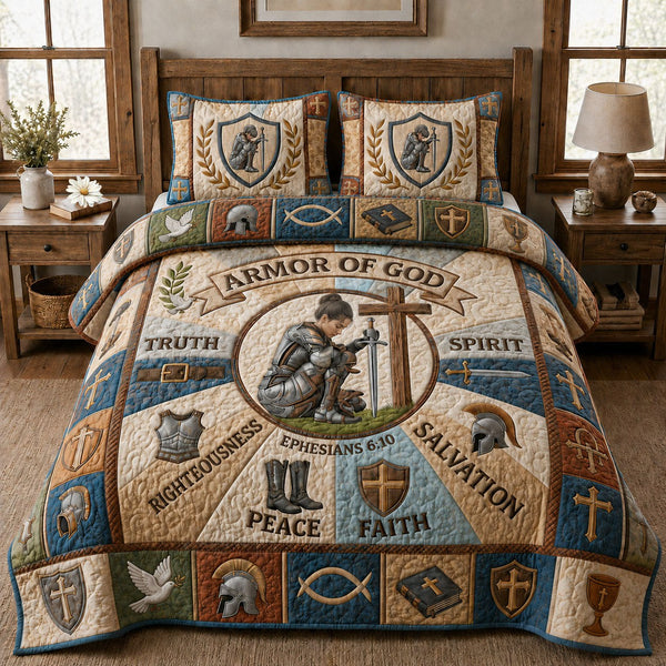 Armor Of God quilted 3-piece bedding set on a made bed in a softly lit bedroom