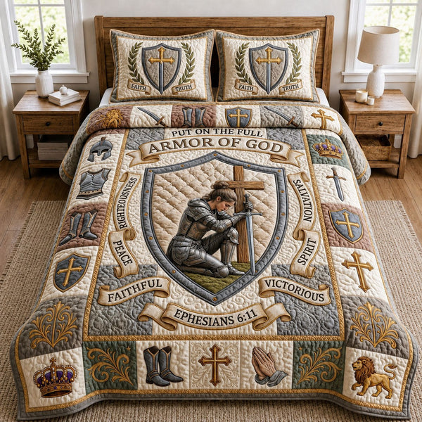 Chritian Faith quilted 3-piece bedding set on a made bed in a softly lit bedroom