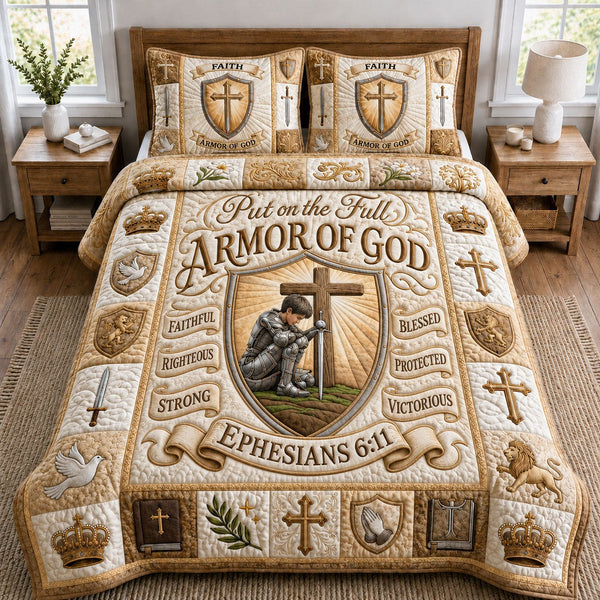 Chritian Faith quilted 3-piece bedding set on a made bed in a softly lit bedroom