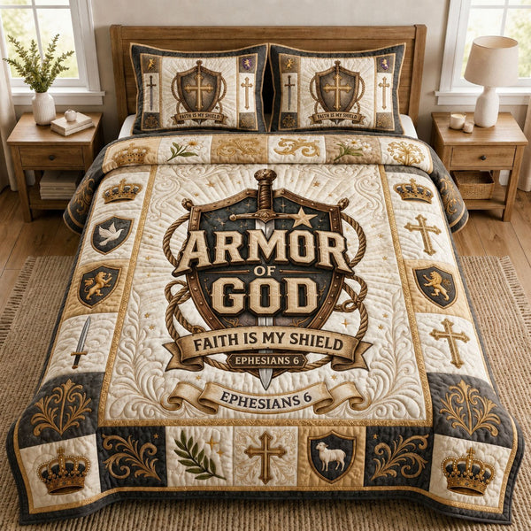 Armor Of God quilted 3-piece bedding set on a made bed in a softly lit bedroom