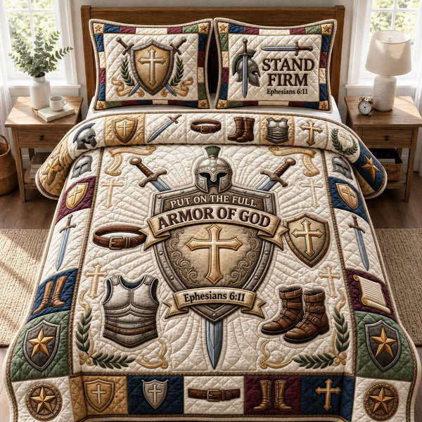 Armor Of God quilted 3-piece bedding set on a made bed in a softly lit bedroom
