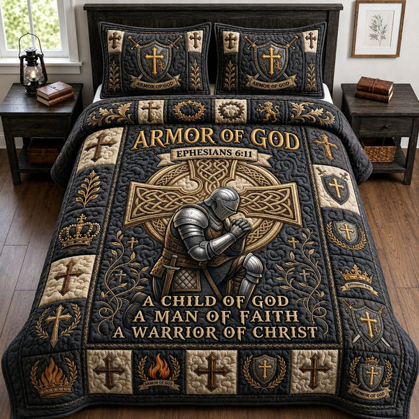 Armor Of God quilted 3-piece bedding set on a made bed in a softly lit bedroom