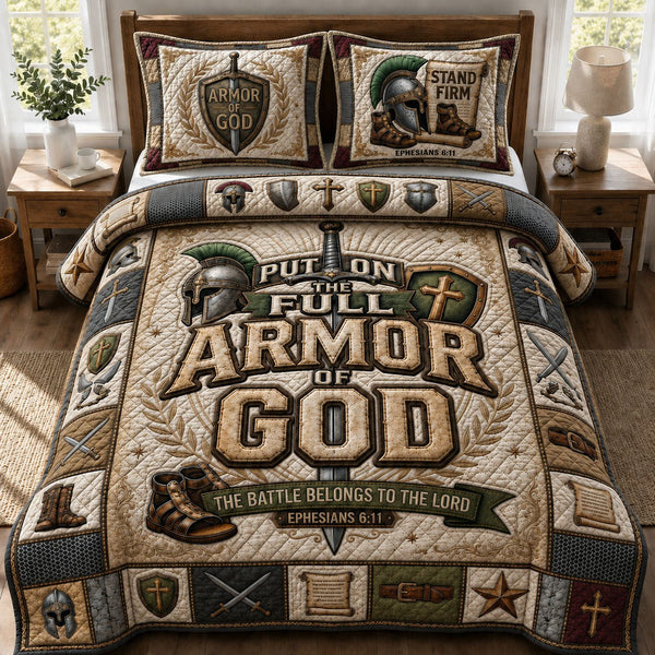 Chritian Faith quilted 3-piece bedding set on a made bed in a softly lit bedroom
