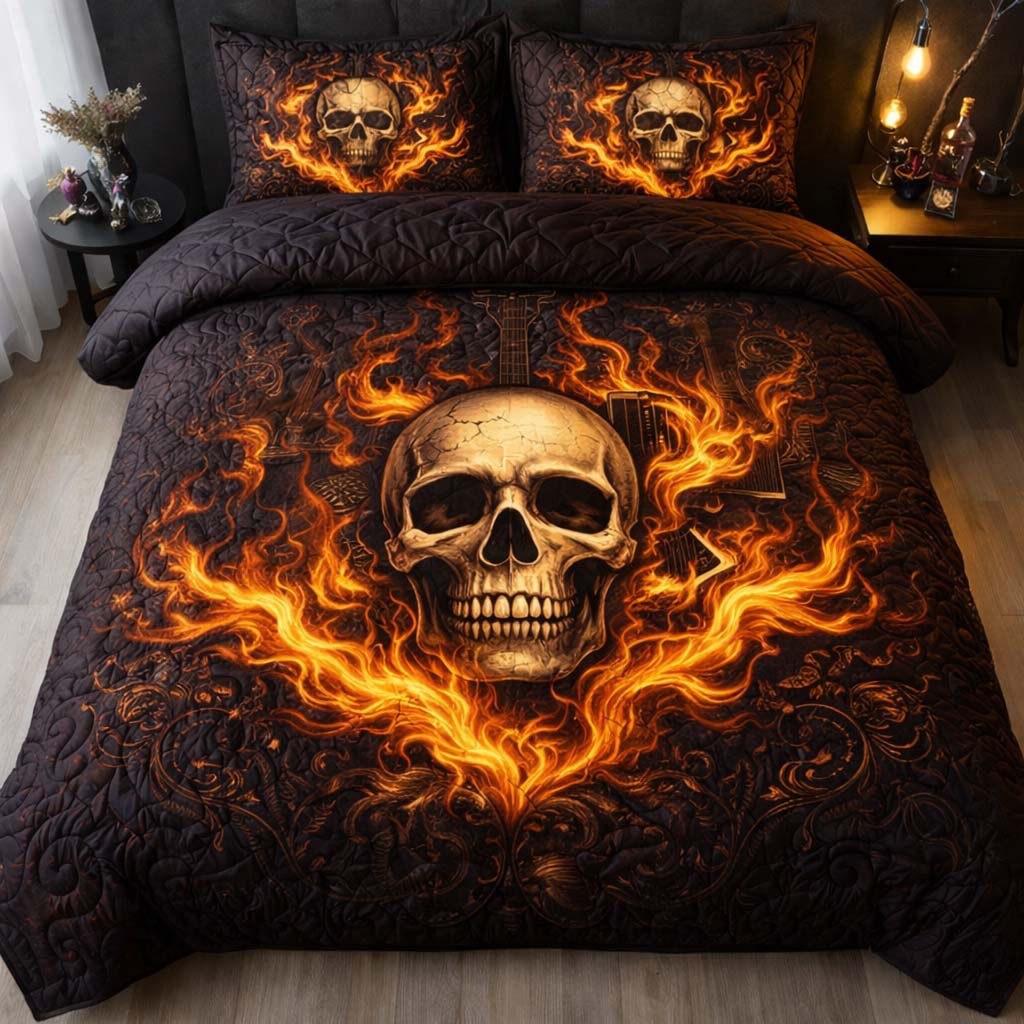 Flame Skull 3-Piece Quilted Bedding Set — quilt and two matching pillow shams