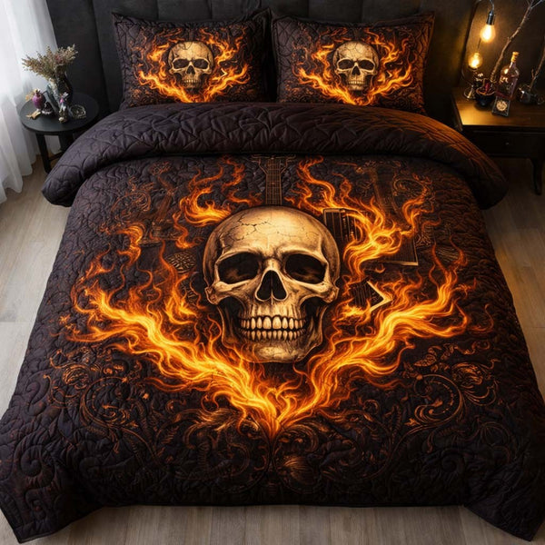 Flame Skull quilted 3-piece bedding set on a made bed against a dark styled interior