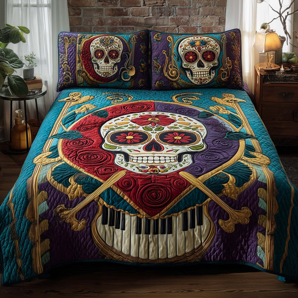 Fiesta Melody quilted 3-piece bedding set on a made bed with two matching pillow shams