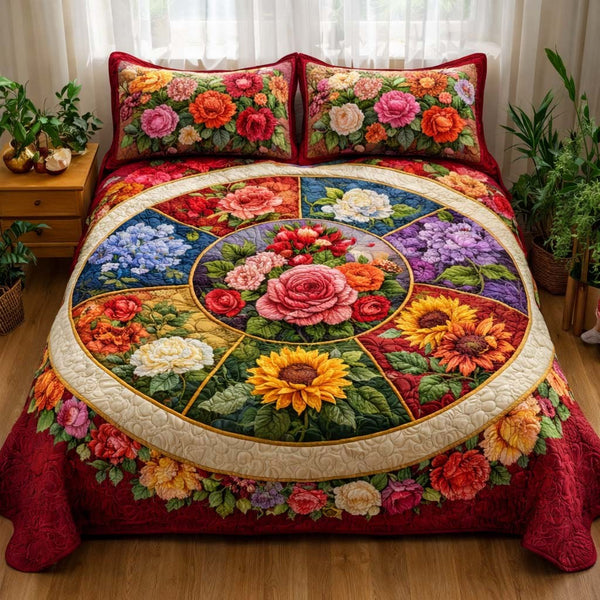 Bloom Radiance quilted 3-piece bedding set on a made bed with two matching pillow shams