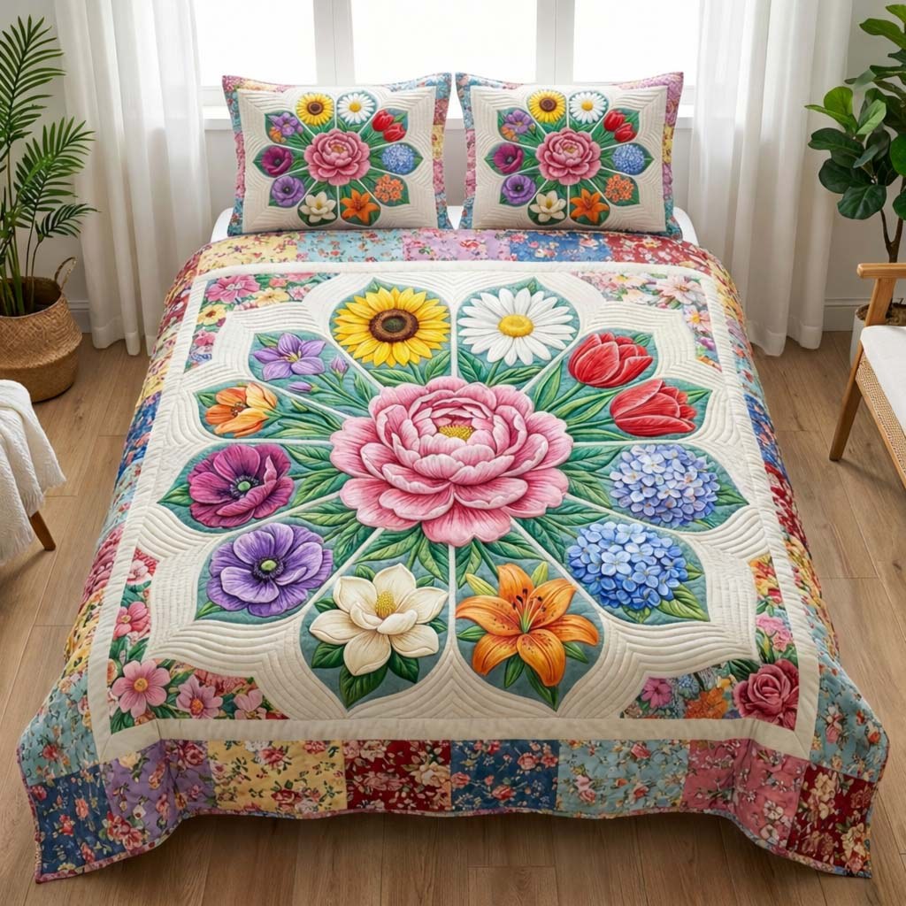 Bloom Rosette 3-Piece Quilted Bedding Set — quilt and two matching pillow shams
