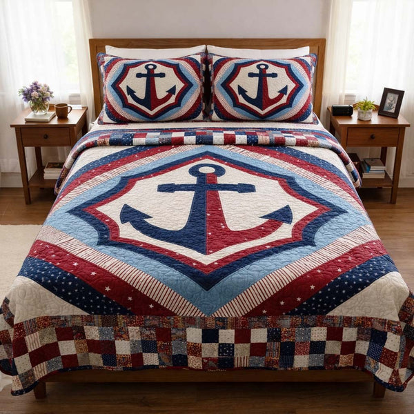 Coastal Anchor quilted 3-piece bedding set on a made bed in a light coastal bedroom