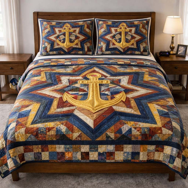 Coastal Anchor quilted 3-piece bedding set on a made bed in a light coastal bedroom