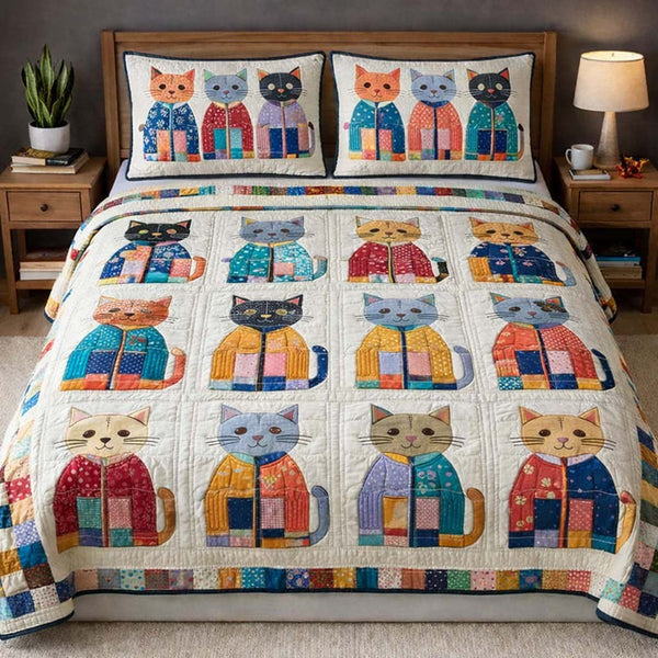 Cat Serenity quilted 3-piece bedding set on a made bed with two matching pillow shams