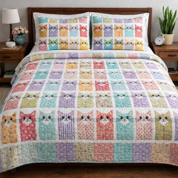 Cat Serenity quilted 3-piece bedding set on a made bed with two matching pillow shams