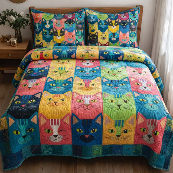 Cat Serenity quilted 3-piece bedding set on a made bed with two matching pillow shams