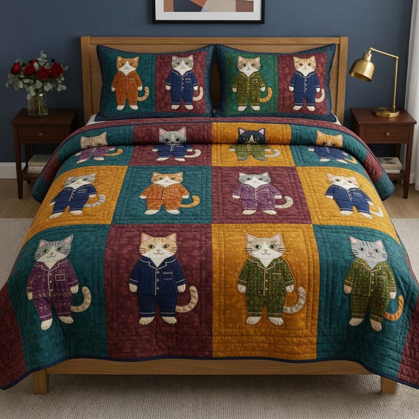 Cat Serenity quilted 3-piece bedding set on a made bed with two matching pillow shams