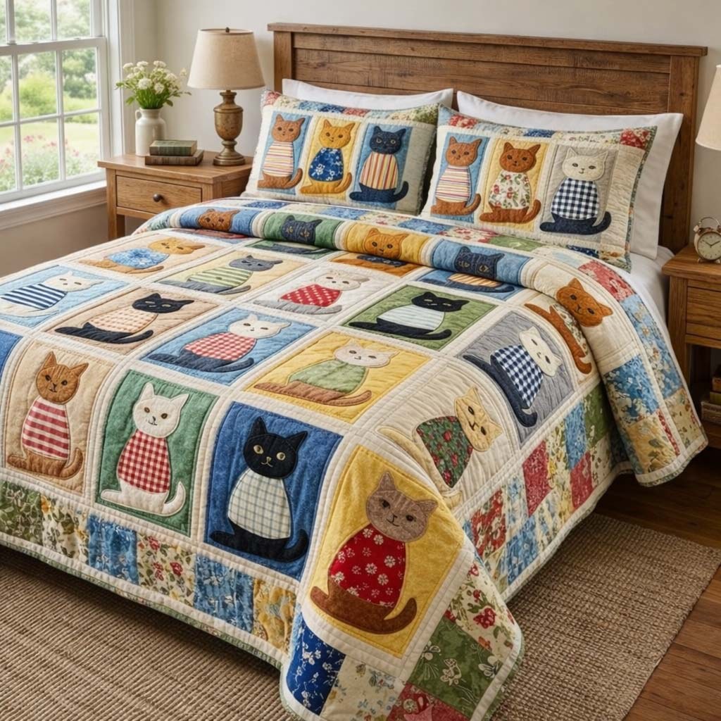 Cat Serenity 3-Piece Quilted Bedding Set - Design 8 — quilt and two matching pillow shams