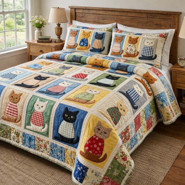 Cat Serenity quilted 3-piece bedding set on a made bed with two matching pillow shams