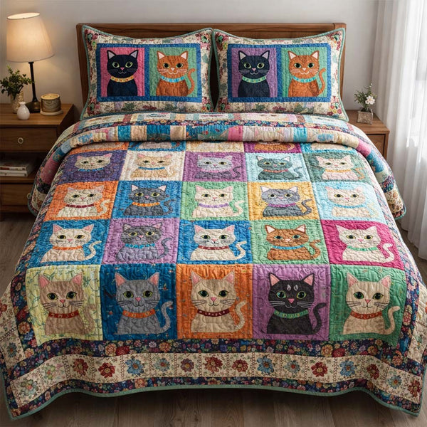 Cat Serenity quilted 3-piece bedding set on a made bed with two matching pillow shams