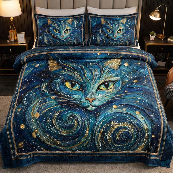 Cat Serenity quilted 3-piece bedding set on a made bed with two matching pillow shams