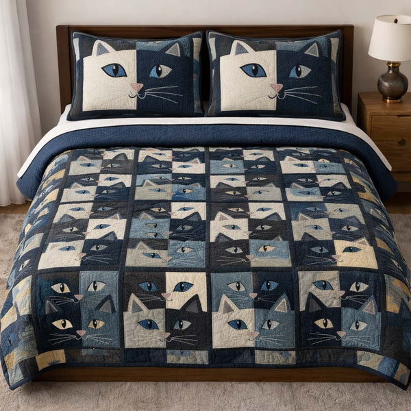Cat Serenity quilted 3-piece bedding set on a made bed with two matching pillow shams