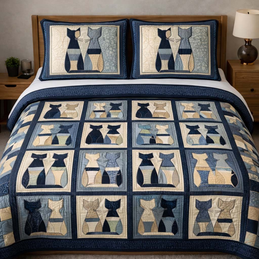 Cat Serenity 3-Piece Quilted Bedding Set - Design 16 — quilt and two matching pillow shams