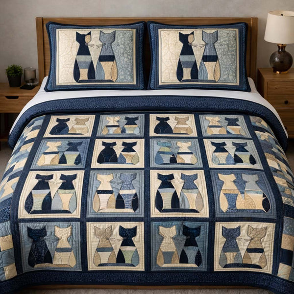Cat Serenity quilted 3-piece bedding set on a made bed with two matching pillow shams