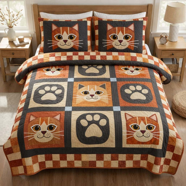 Cat Serenity quilted 3-piece bedding set on a made bed with two matching pillow shams