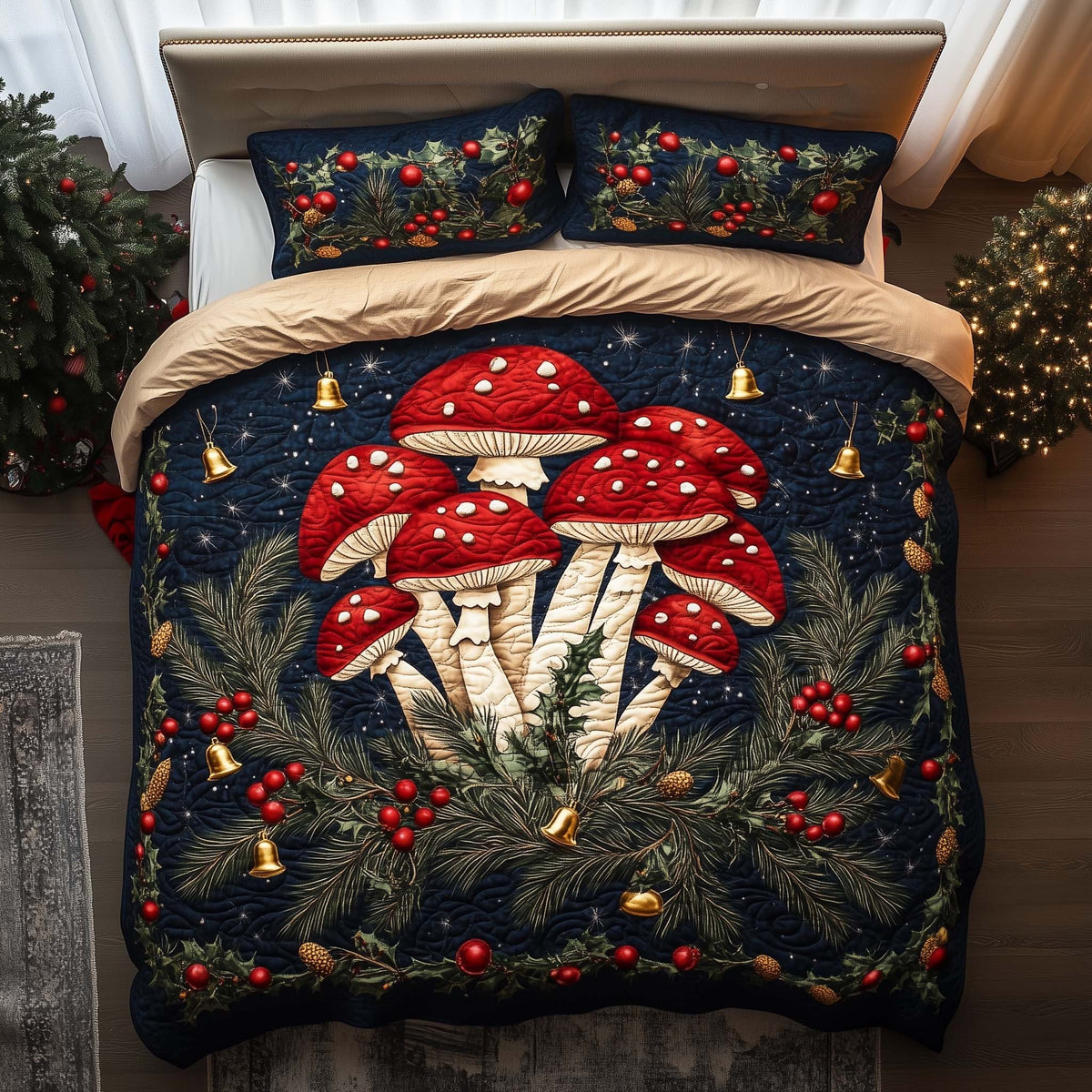 Bell Shrooms 3-Piece Quilted Bedding Set — quilt and two matching pillow shams