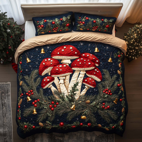 Bell Shrooms quilted 3-piece bedding set on a made bed with two matching pillow shams