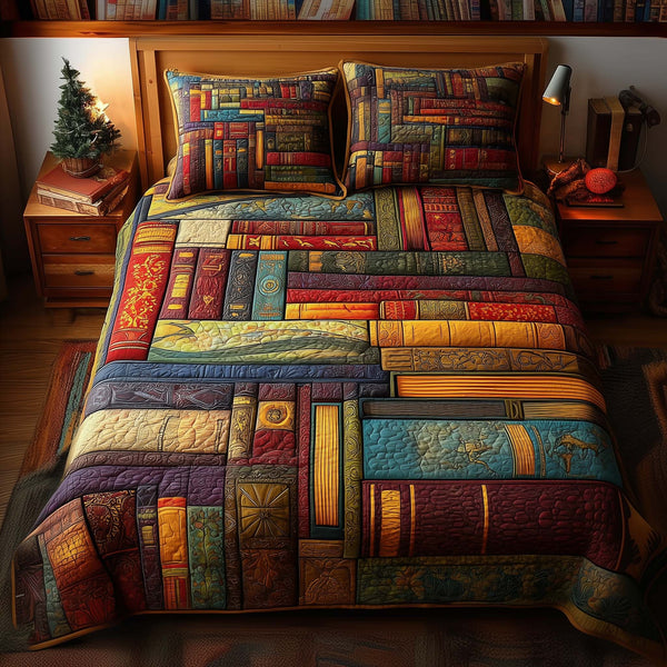 Book Mosaic quilted 3-piece bedding set on a made bed with two matching pillow shams