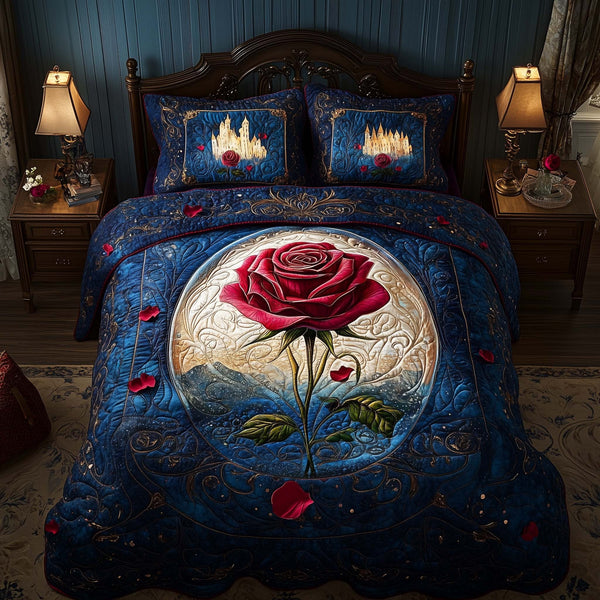 Castle Rose quilted 3-piece bedding set on a made bed with two matching pillow shams