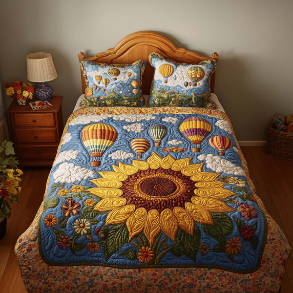 Balloon Sunflower quilted 3-piece bedding set on a made bed with two matching pillow shams